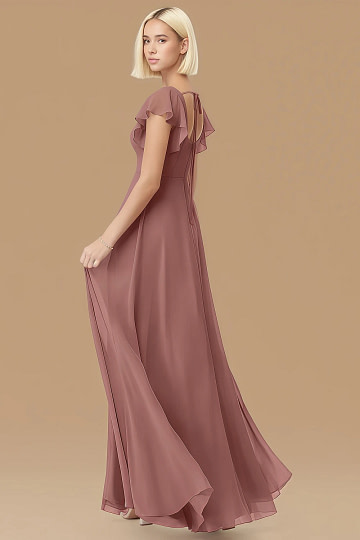 Exclusivity Desert Rose Bridesmaid Dresses A Line Square Neck in Chiffon with Cap Sleeved Ruffled and Slits Image719099 - Akaks