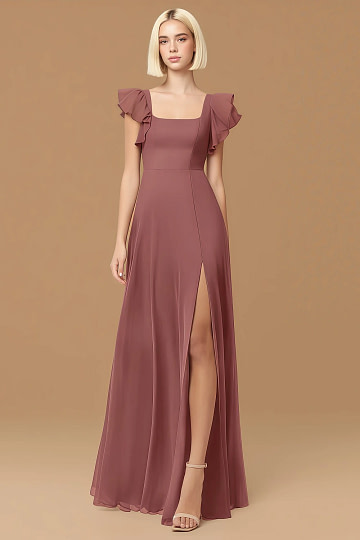 Exclusivity Desert Rose Bridesmaid Dresses A Line Square Neck in Chiffon with Cap Sleeved Ruffled and Slits Image914115 - Akaks