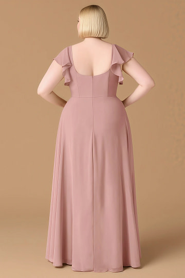 Exclusivity Dusty Rose Bridesmaid Dresses A Line Square Neck in Chiffon with Cap Sleeved Ruffled and Slits Image353023 - Akaks