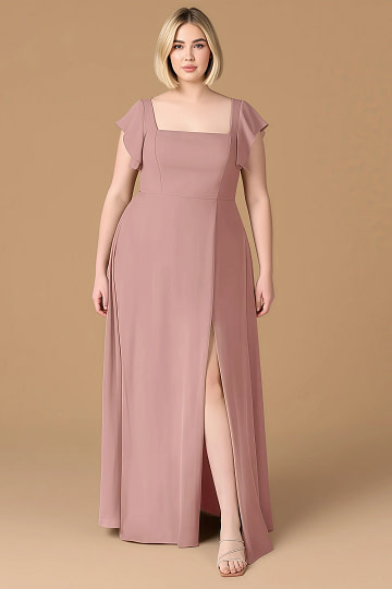 Exclusivity Dusty Rose Bridesmaid Dresses A Line Square Neck in Chiffon with Cap Sleeved Ruffled and Slits Image863116 - Akaks