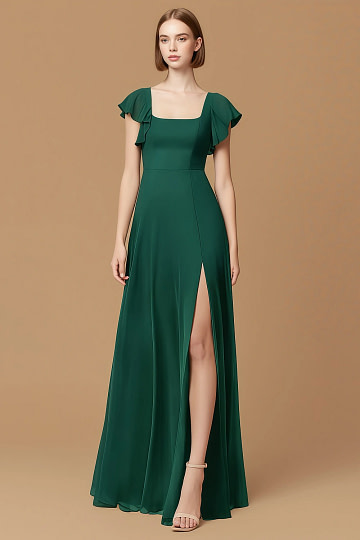 Exclusivity Emerald Green Bridesmaid Dresses A Line Square Neck in Chiffon with Cap Sleeved Ruffled and Slits Image602255