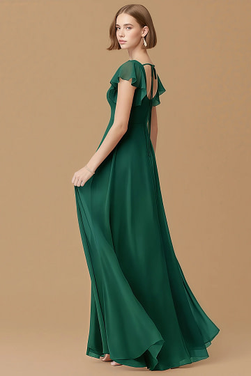 Exclusivity Emerald Green Bridesmaid Dresses A Line Square Neck in Chiffon with Cap Sleeved Ruffled and Slits Image926552