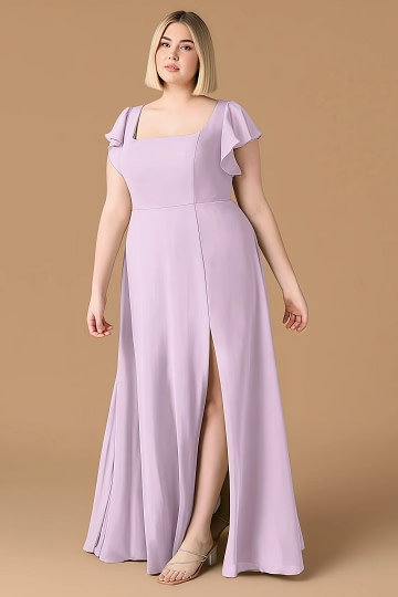 Exclusivity Frosted Lilac Bridesmaid Dresses A Line Square Neck in Chiffon with Cap Sleeved Ruffled and Slits Image573753 - Akaks