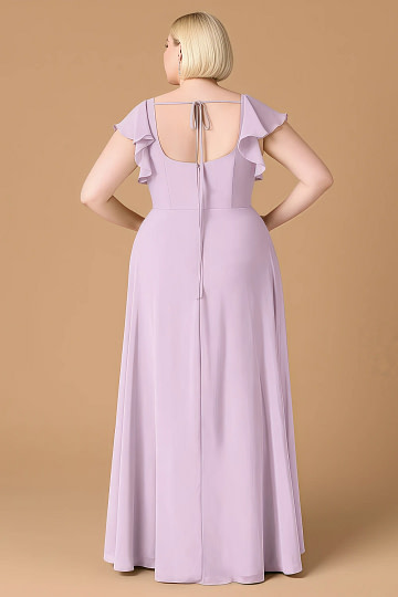 Exclusivity Frosted Lilac Bridesmaid Dresses A Line Square Neck in Chiffon with Cap Sleeved Ruffled and Slits Image577952 - Akaks