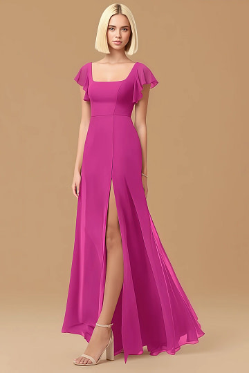 Exclusivity Fuchsia Bridesmaid Dresses A Line Square Neck in Chiffon with Cap Sleeved Ruffled and Slits Image494971 - Akaks