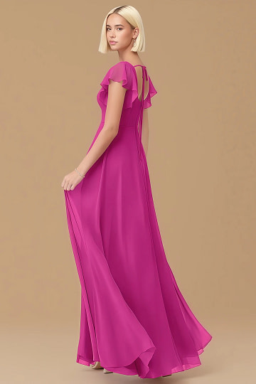 Exclusivity Fuchsia Bridesmaid Dresses A Line Square Neck in Chiffon with Cap Sleeved Ruffled and Slits Image609223 - Akaks