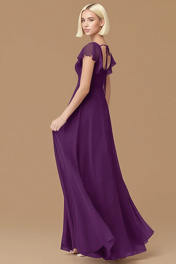 Exclusivity Grape Bridesmaid Dresses A Line Square Neck in Chiffon with Cap Sleeved Ruffled and Slits Image131679 - Akaks