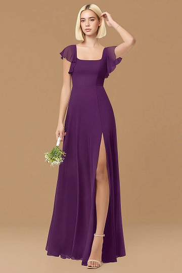 Exclusivity Grape Bridesmaid Dresses A Line Square Neck in Chiffon with Cap Sleeved Ruffled and Slits Image418617 - Akaks