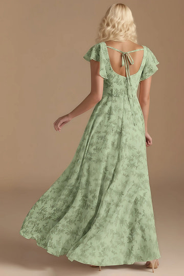 Exclusivity Green Floral Bridesmaid Dresses A Line Square Neck in Chiffon with Cap Sleeved Ruffled and Slits Image758102 - Akaks