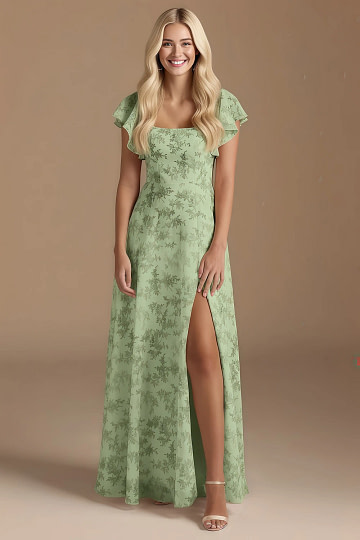Exclusivity Green Floral Bridesmaid Dresses A Line Square Neck in Chiffon with Cap Sleeved Ruffled and Slits Image833617 - Akaks