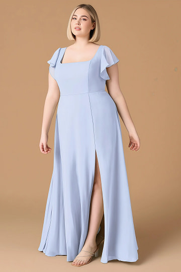 Exclusivity Ice Blue Bridesmaid Dresses A Line Square Neck in Chiffon with Cap Sleeved Ruffled and Slits Image363189