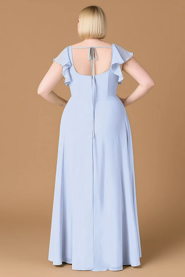 Exclusivity Ice Blue Bridesmaid Dresses A Line Square Neck in Chiffon with Cap Sleeved Ruffled and Slits Image421395