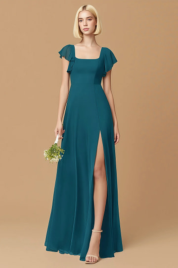 Exclusivity Ink Blue Bridesmaid Dresses A Line Square Neck in Chiffon with Cap Sleeved Ruffled and Slits Image479314