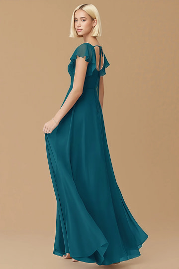 Exclusivity Ink Blue Bridesmaid Dresses A Line Square Neck in Chiffon with Cap Sleeved Ruffled and Slits Image535170