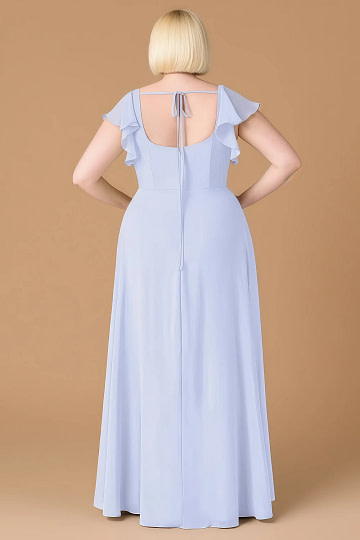 Exclusivity Lavender Bridesmaid Dresses A Line Square Neck in Chiffon with Cap Sleeved Ruffled and Slits Image160431 - Akaks