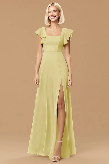 Exclusivity Lemon Sorbet Bridesmaid Dresses A Line Square Neck in Chiffon with Cap Sleeved Ruffled and Slits Image729104 - Akaks