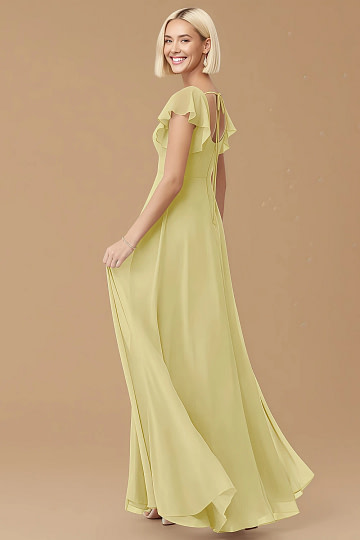 Exclusivity Lemon Sorbet Bridesmaid Dresses A Line Square Neck in Chiffon with Cap Sleeved Ruffled and Slits Image972429 - Akaks