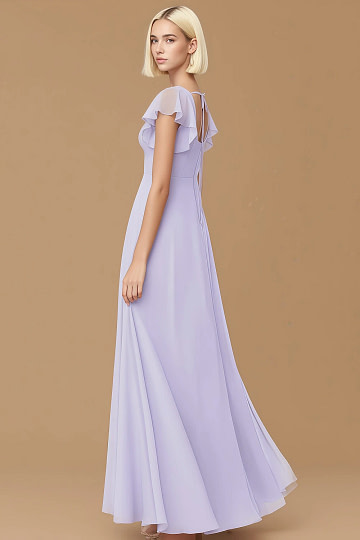 Exclusivity Lilac Bridesmaid Dresses A Line Square Neck in Chiffon with Cap Sleeved Ruffled and Slits Image444016 - Akaks