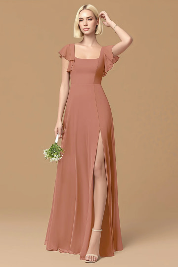 Exclusivity Mai Tai Bridesmaid Dresses A Line Square Neck in Chiffon with Cap Sleeved Ruffled and Slits Image450498 - Akaks
