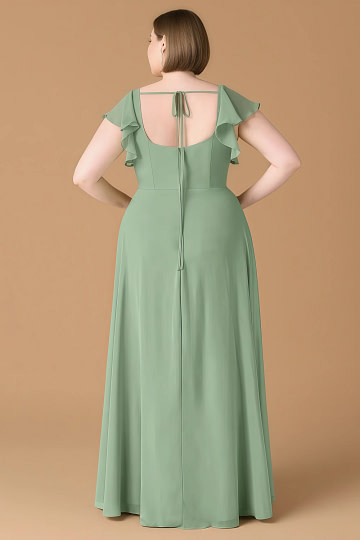 Exclusivity Matcha Bridesmaid Dresses A Line Square Neck in Chiffon with Cap Sleeved Ruffled and Slits Image249739