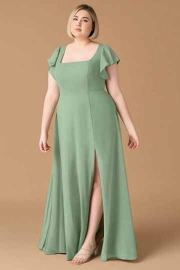 Exclusivity Matcha Bridesmaid Dresses A Line Square Neck in Chiffon with Cap Sleeved Ruffled and Slits Image423101