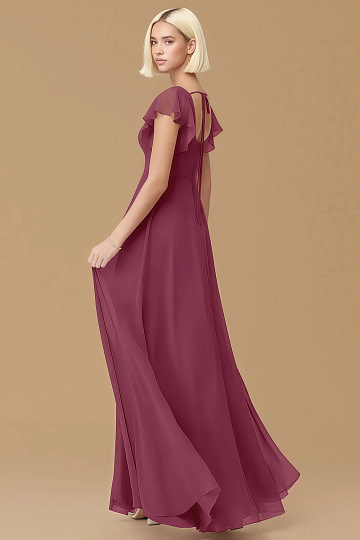 Exclusivity Mulberry Bridesmaid Dresses A Line Square Neck in Chiffon with Cap Sleeved Ruffled and Slits Image241033 - Akaks