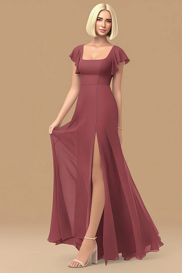 Exclusivity Merlot Bridesmaid Dresses A Line Square Neck in Chiffon with Cap Sleeved Ruffled and Slits Image193344 - Akaks