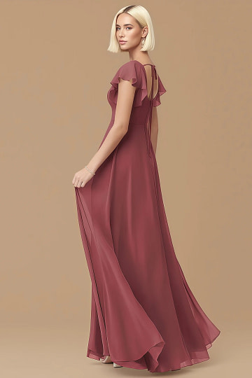Exclusivity Merlot Bridesmaid Dresses A Line Square Neck in Chiffon with Cap Sleeved Ruffled and Slits Image861321 - Akaks