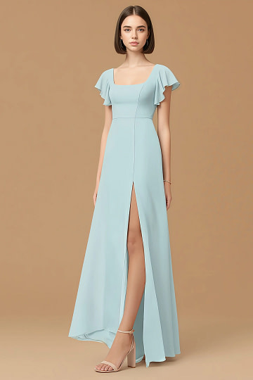Exclusivity Mist Blue Bridesmaid Dresses A Line Square Neck in Chiffon with Cap Sleeved Ruffled and Slits Image427075
