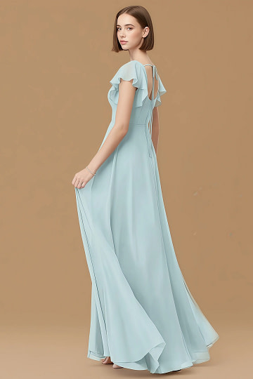 Exclusivity Mist Blue Bridesmaid Dresses A Line Square Neck in Chiffon with Cap Sleeved Ruffled and Slits Image959721