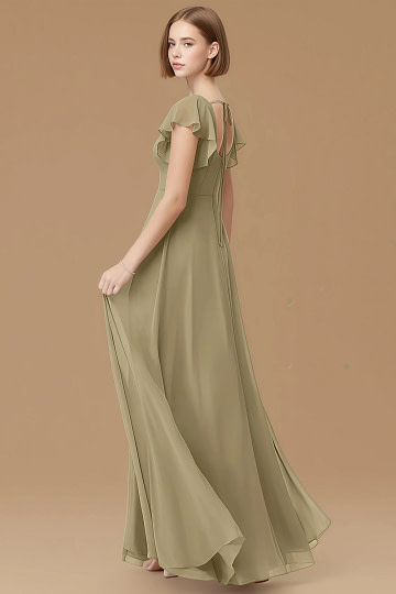 Exclusivity Moss Green Bridesmaid Dresses A Line Square Neck in Chiffon with Cap Sleeved Ruffled and Slits Image706385