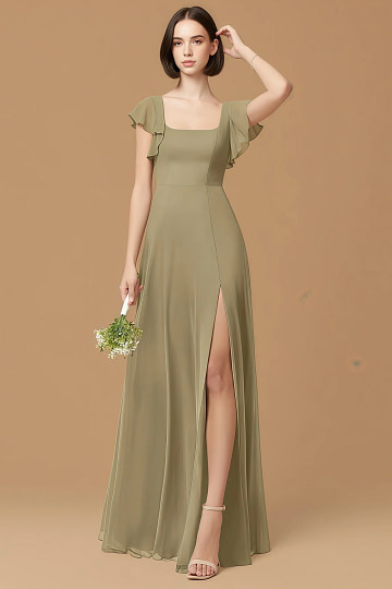 Exclusivity Moss Green Bridesmaid Dresses A Line Square Neck in Chiffon with Cap Sleeved Ruffled and Slits Image709267