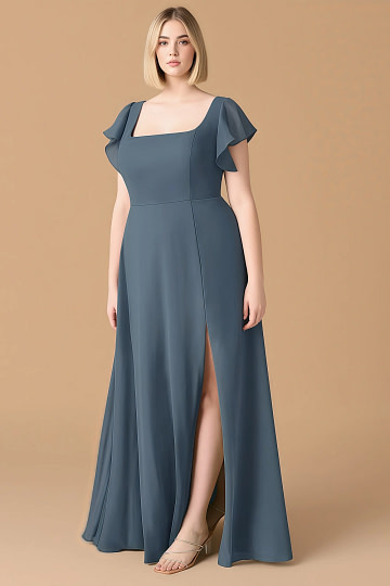 Exclusivity Neptune Color Bridesmaid Dresses A Line Square Neck in Chiffon with Cap Sleeved Ruffled and Slits Image506717