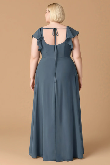 Exclusivity Neptune Color Bridesmaid Dresses A Line Square Neck in Chiffon with Cap Sleeved Ruffled and Slits Image691580