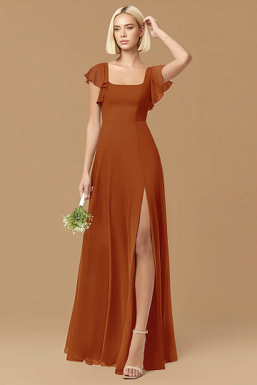 Exclusivity Paprika Bridesmaid Dresses A Line Square Neck in Chiffon with Cap Sleeved Ruffled and Slits Image629623 - Akaks