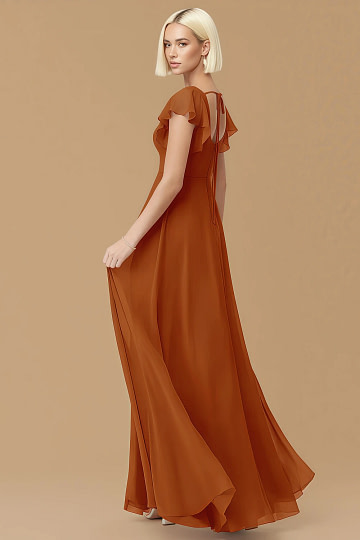 Exclusivity Paprika Bridesmaid Dresses A Line Square Neck in Chiffon with Cap Sleeved Ruffled and Slits Image749059 - Akaks