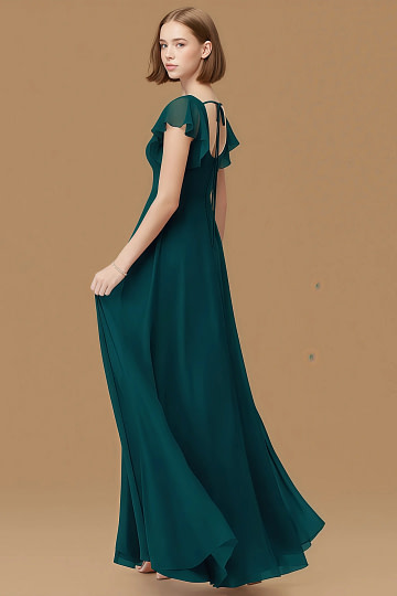 Exclusivity Pine Bridesmaid Dresses A Line Square Neck in Chiffon with Cap Sleeved Ruffled and Slits Image186586