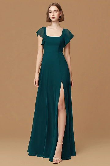Exclusivity Pine Bridesmaid Dresses A Line Square Neck in Chiffon with Cap Sleeved Ruffled and Slits Image855076