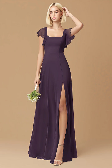 Exclusivity Plum Bridesmaid Dresses A Line Square Neck in Chiffon with Cap Sleeved Ruffled and Slits Image588009 - Akaks