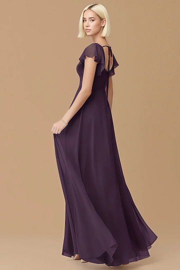 Exclusivity Plum Bridesmaid Dresses A Line Square Neck in Chiffon with Cap Sleeved Ruffled and Slits Image854972 - Akaks