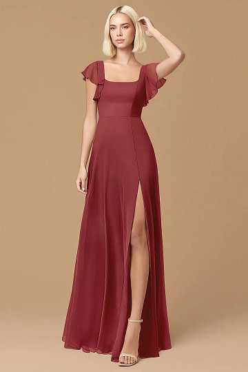 Exclusivity Pomegranate Bridesmaid Dresses A Line Square Neck in Chiffon with Cap Sleeved Ruffled and Slits Image324610 - Akaks
