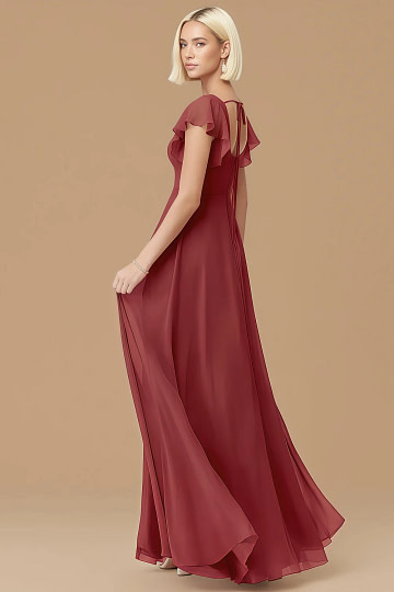 Exclusivity Pomegranate Bridesmaid Dresses A Line Square Neck in Chiffon with Cap Sleeved Ruffled and Slits Image341083 - Akaks