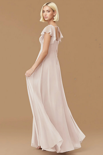 Exclusivity Rose Petal Bridesmaid Dresses A Line Square Neck in Chiffon with Cap Sleeved Ruffled and Slits Image332607 - Akaks