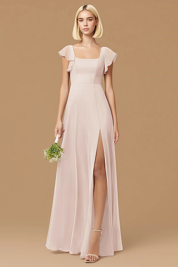 Exclusivity Rose Petal Bridesmaid Dresses A Line Square Neck in Chiffon with Cap Sleeved Ruffled and Slits Image586584 - Akaks