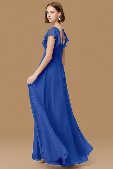 Exclusivity Royal Blue Bridesmaid Dresses A Line Square Neck in Chiffon with Cap Sleeved Ruffled and Slits Image675737