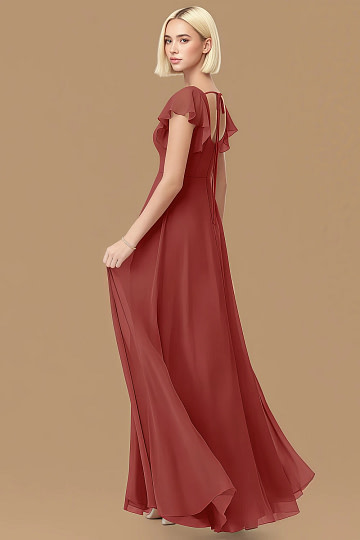 Exclusivity Rust Bridesmaid Dresses A Line Square Neck in Chiffon with Cap Sleeved Ruffled and Slits Image653154 - Akaks