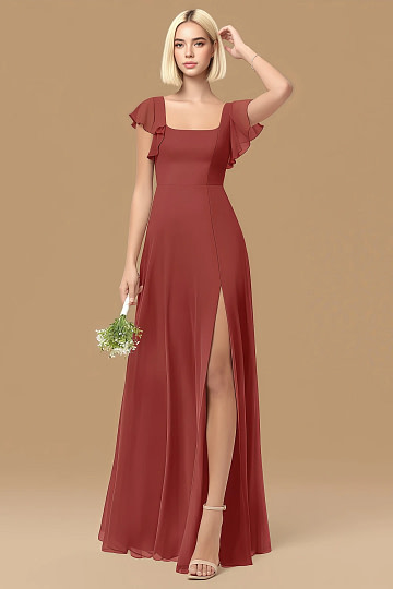 Exclusivity Rust Bridesmaid Dresses A Line Square Neck in Chiffon with Cap Sleeved Ruffled and Slits Image920671 - Akaks
