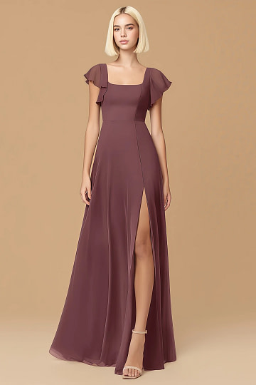 Exclusivity Sangria Bridesmaid Dresses A Line Square Neck in Chiffon with Cap Sleeved Ruffled and Slits Image180433 - Akaks