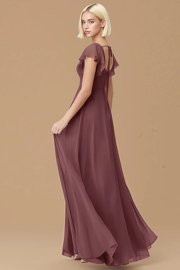 Exclusivity Sangria Bridesmaid Dresses A Line Square Neck in Chiffon with Cap Sleeved Ruffled and Slits Image895537 - Akaks