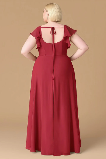 Exclusivity Scarlet Red Bridesmaid Dresses A Line Square Neck in Chiffon with Cap Sleeved Ruffled and Slits Image600497 - Akaks